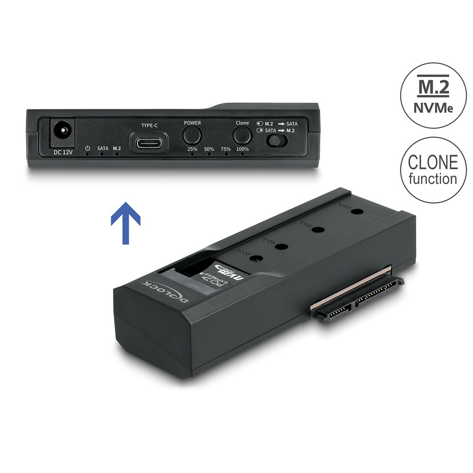 DeLock USB-C converter for 1x M.2 NVMe SSD + 1x SATA SSD / HDD with Cloning function