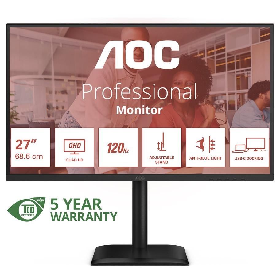 AOC Q27E4CV - 27" LED Monitor - QHD 2560x1440 @ 120Hz - IPS - 350 cd/m² - 4ms Response Time - HDMI, DisplayPort, USB-C - Speakers - Black
