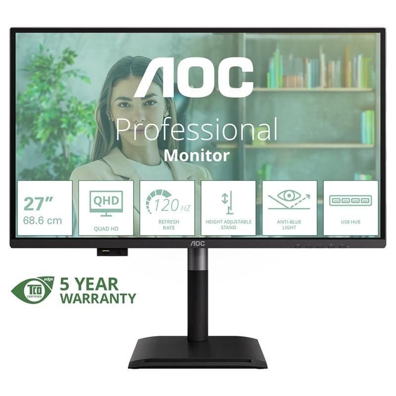 AOC Professional Q27P4U - 27" LED Monitor - QHD 2560x1440 @ 120Hz - IPS - 1500:1 - 4ms Response Time - HDMI, DisplayPort, USB-C - Speakers - Black
