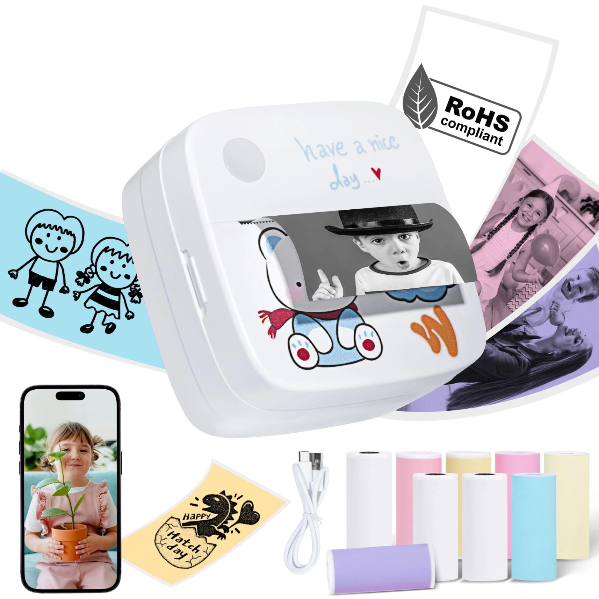 Impresora térmica portátil Wellkitch Mini - Rosa con 13 rollos