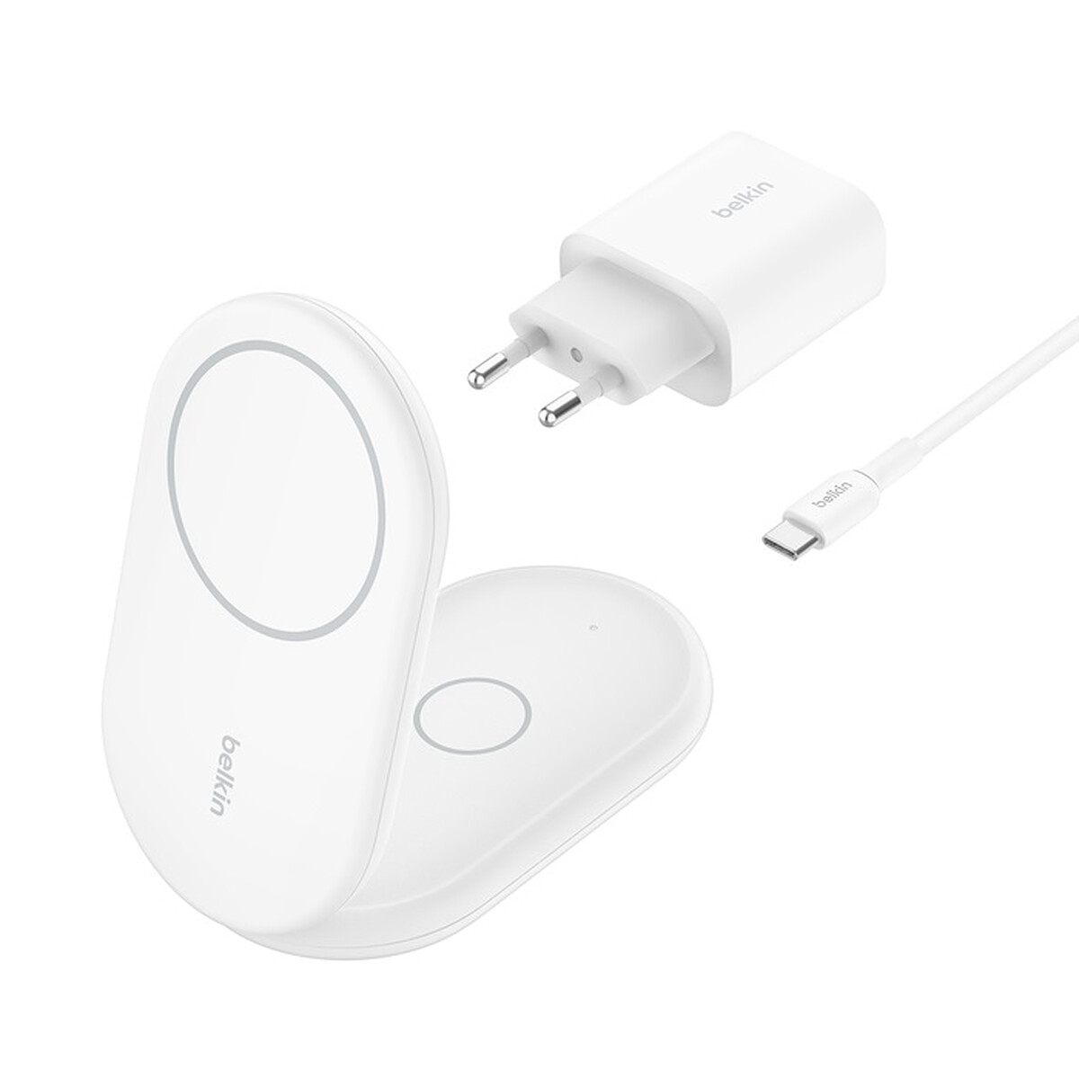 Belkin Chargeur Magsafe Qi2 15 W pour iPhone Stand et AirPods 2 en 1 (Blanc)