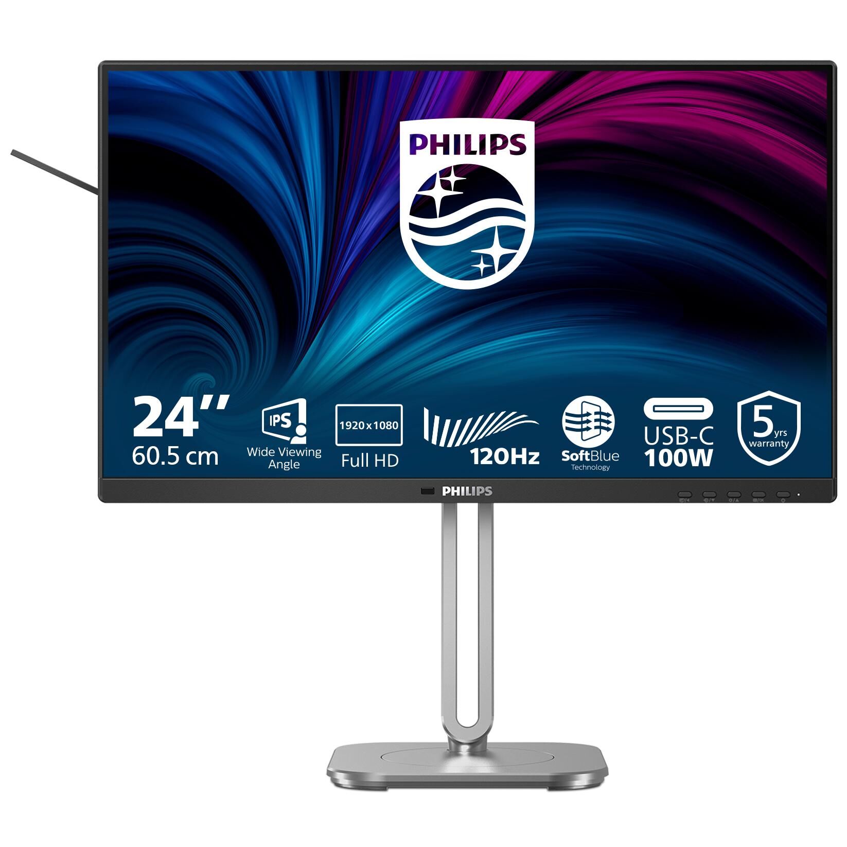 Philips 24B2U4301 - 4000 Series - écran LED - 24" (23.8" visualisable) - 1920 x 1080 Full HD (1080p) @ 120 Hz - IPS - 300 cd/m² - 1500:1 - 4 ms - HDMI, DisplayPort, USB-C - haut-parleurs - argent, Charbon