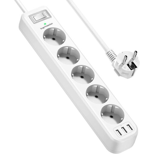 Spider Instinct 5-Outlet USB Surge Protector (4000W, 16A) with 3 USB Ports and 1.8m Cable