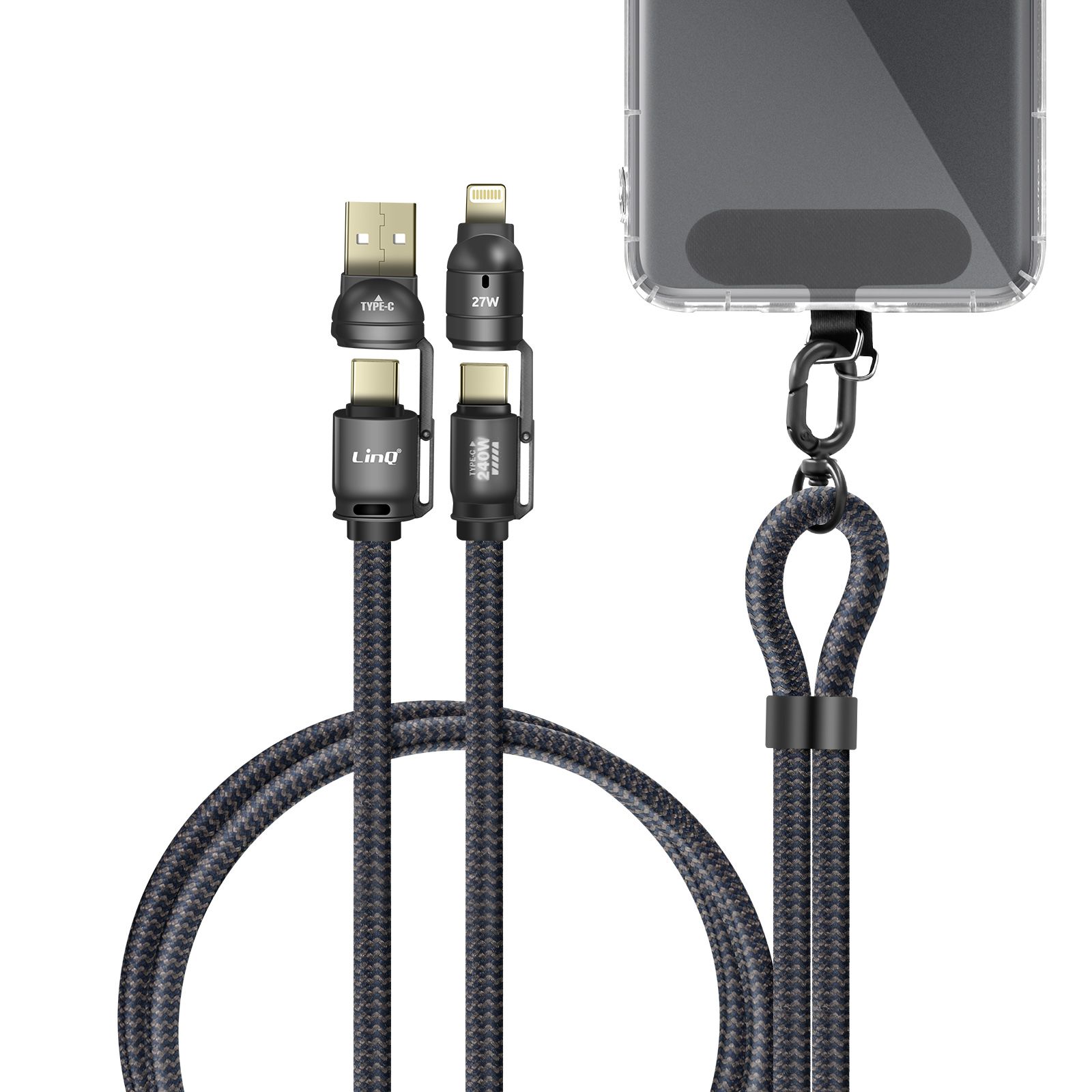 LinQ 4-in-1 Neck Cord USB 5A USB-C 240W Quick Charge Anti-tangles LinQ Black