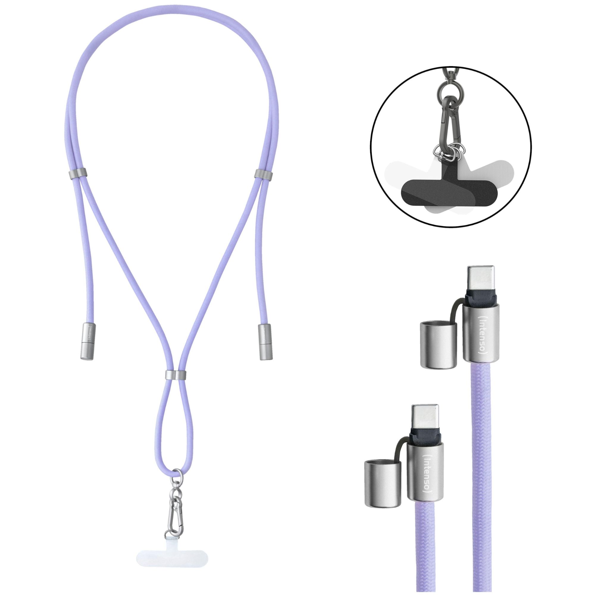 Câble Intenso Lanière USB-C vers USB-C, charge rapide 60W, longueur réglable, 1,65 m nylon, violet