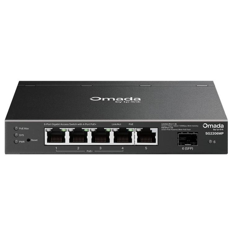 TP-Link Omada SG2206MP V1 - Managed Switch - 5 x 10/100/1000 (4 PoE+) + 1 x Gigabit SFP - Desktop, Wall Mountable