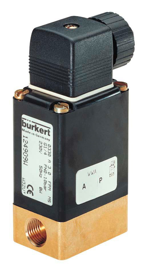 Burkert G1/4'' 2/2 Way Solenoid Valve, FKM Seal, 10 Bar, 0-145psi, 230VAC, 0330 60235