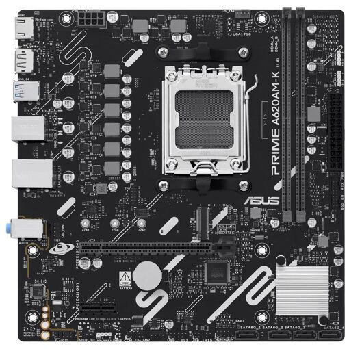Tarjeta madre ASUS Prime A620AM-K - Micro ATX, socket AM5, chipset AMD A620A, USB 3.2 Gen 1, LAN de 1 Gbps, gráficos integrados, audio HD (8 canales)