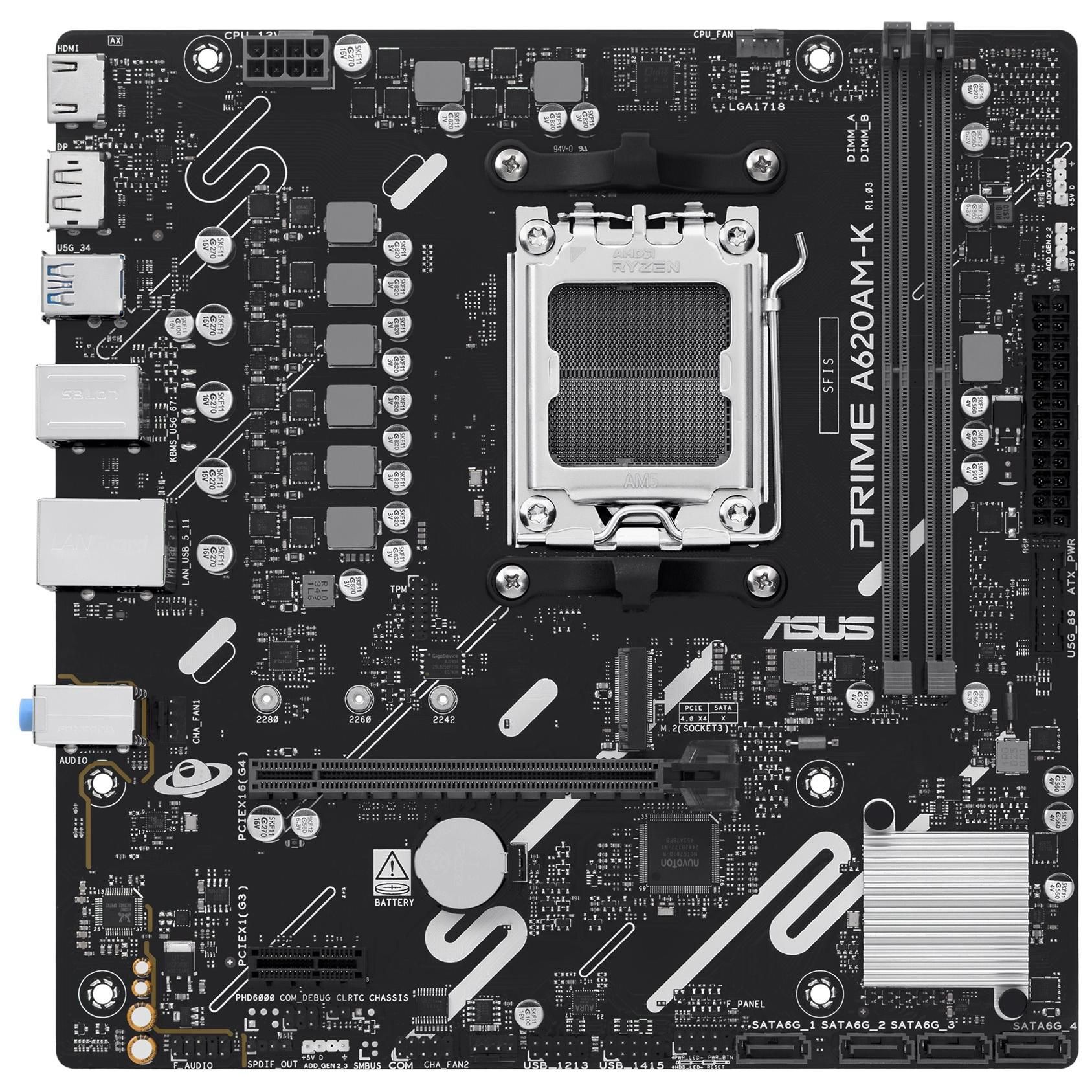 ASUS Prime A620AM-K Motherboard - Micro ATX, AM5 Socket, AMD A620A Chipset, USB 3.2 Gen 1, Gigabit LAN, Integrated Graphics, HD Audio (8-channel)