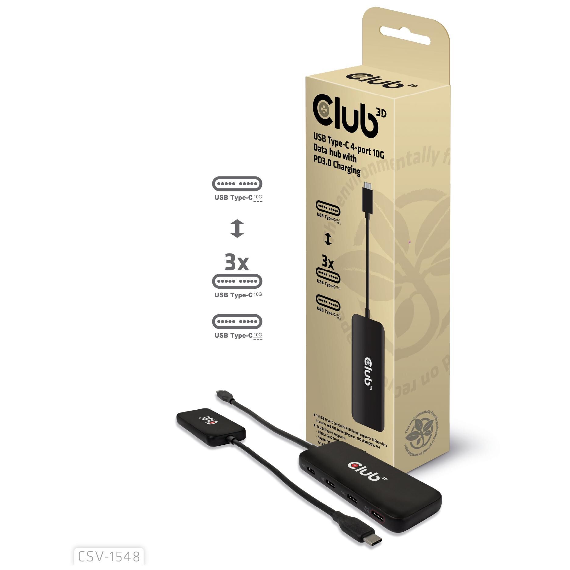 Club 3D CSV-1548, Hub y adaptador USB 3.2 Gen 1 (3.1 Gen 1) Tipo C - Negro