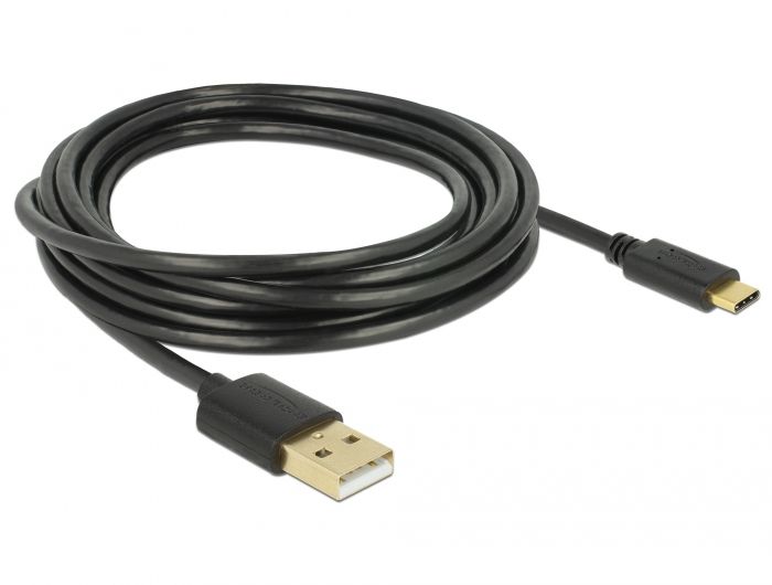 Delock USB 2.0 Cable - 3m, USB A to USB C, Black