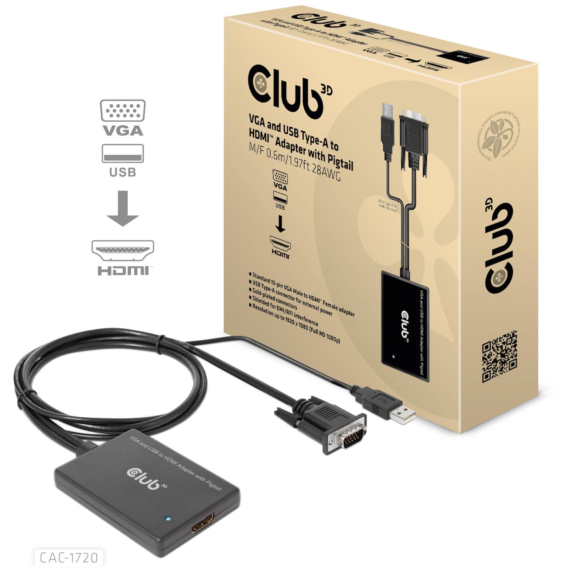 Club 3D CAC-1720 6in HDMI to VGA + USB Cable