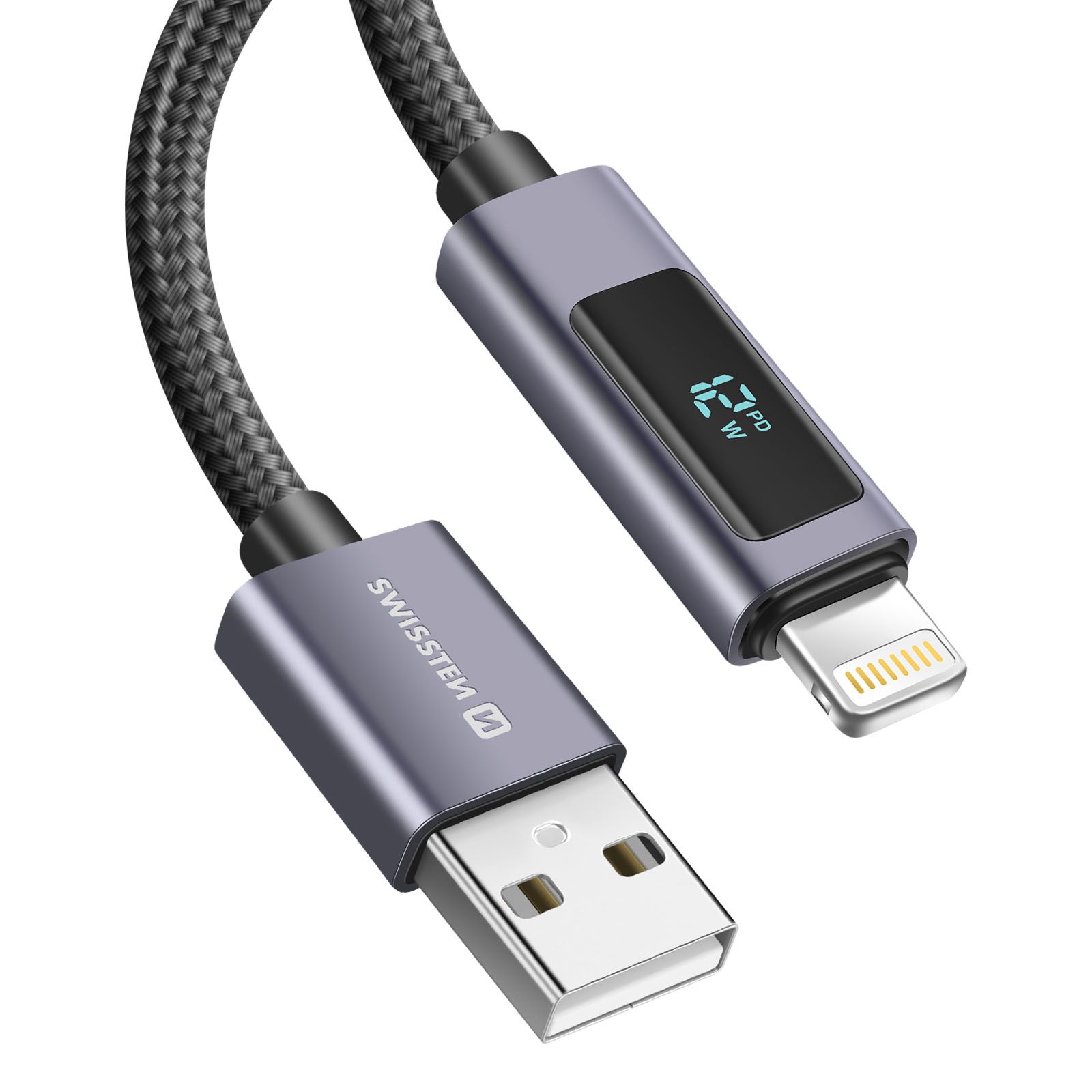 Swissten 2.4A USB to Lightning Cable, 12W, 1.5m with LED Display - Black