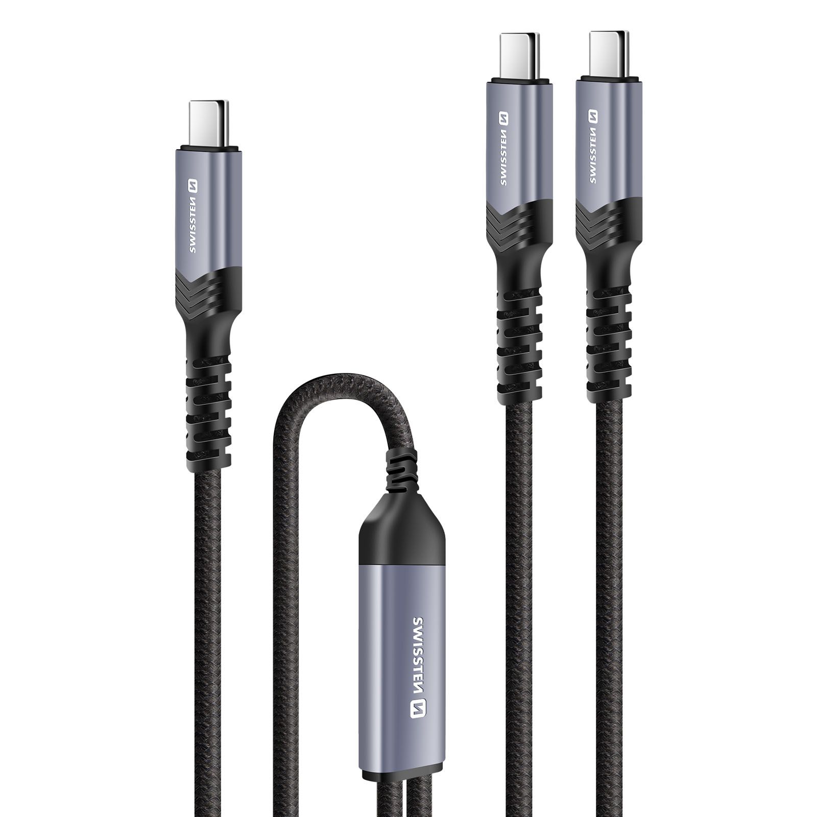 Cable Swissten USB-C 2 en 1 para carga y sincronización rápida de 100W, 1,5 m, negro