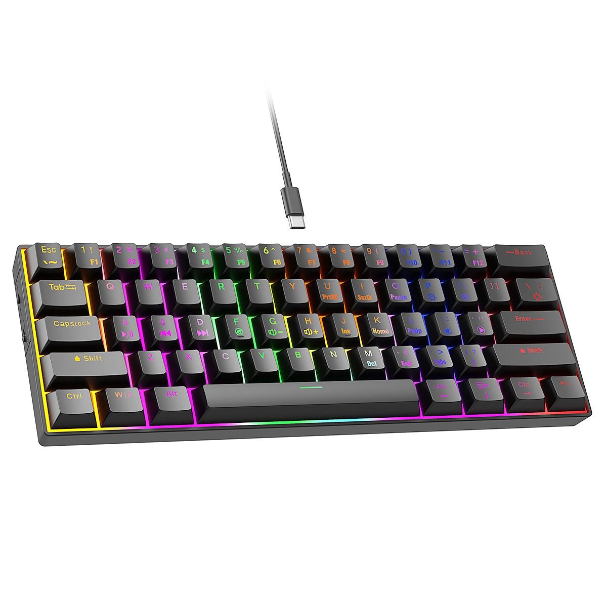 INF Mechanical Wired Keyboard 61 Keys with Mixed RGB Backlighting - Compact, Portable and Customizable - Black