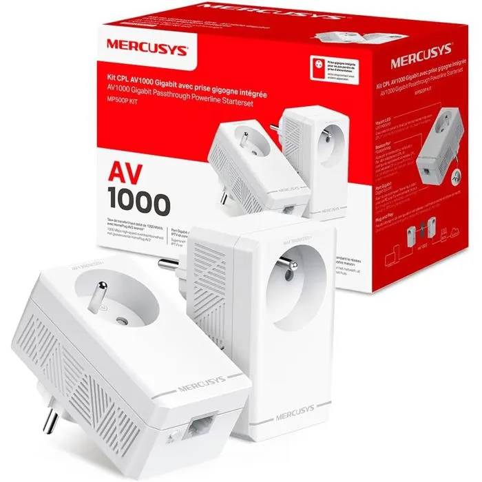 Kit Mercusys MP500P CPL, 1000 Mbps, port gigabit intégré, connecteur F-Type intégré - Optimisé pour plusieurs télévisions, compatible avec toutes les boîtes, pack de 2
