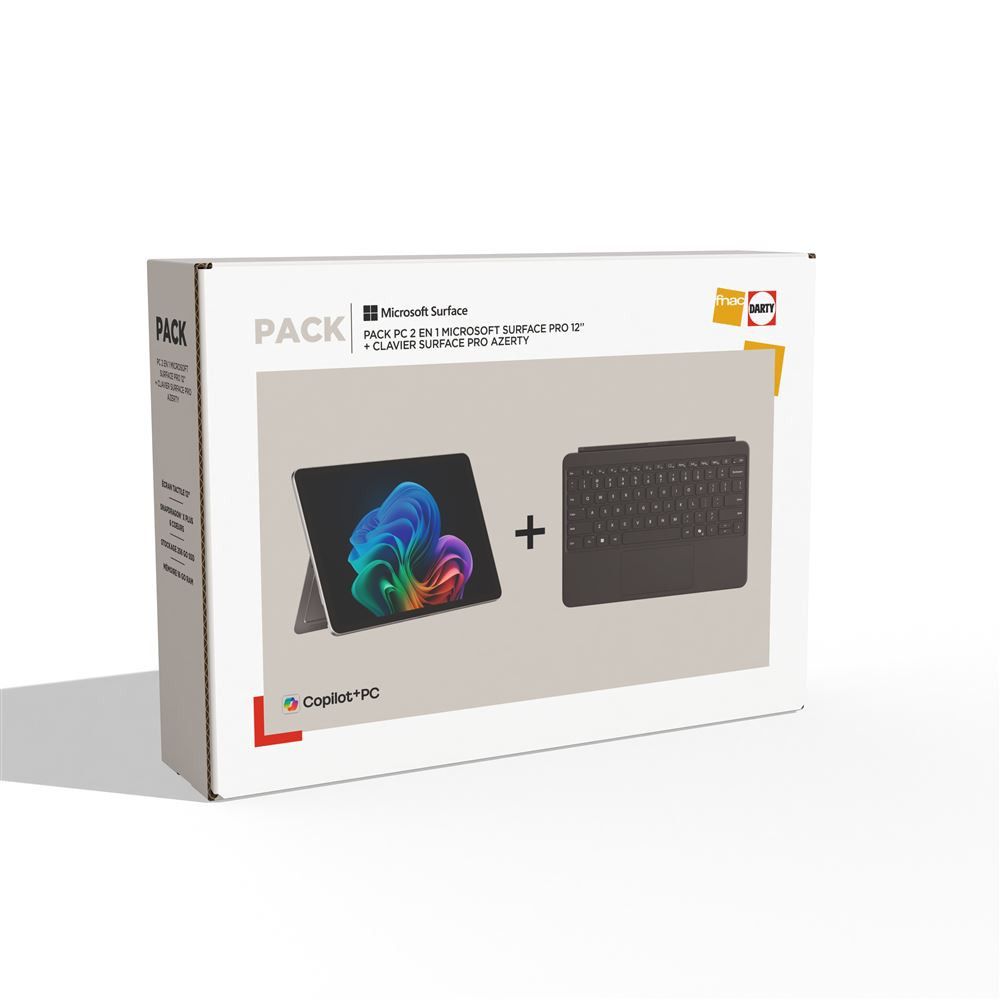 Pack Microsoft Surface Pro 2 en 1 - Écran tactile de 12'', Snapdragon® X Plus, 16 Go de RAM, 256 Go SSD Platine + Clavier Azerty
