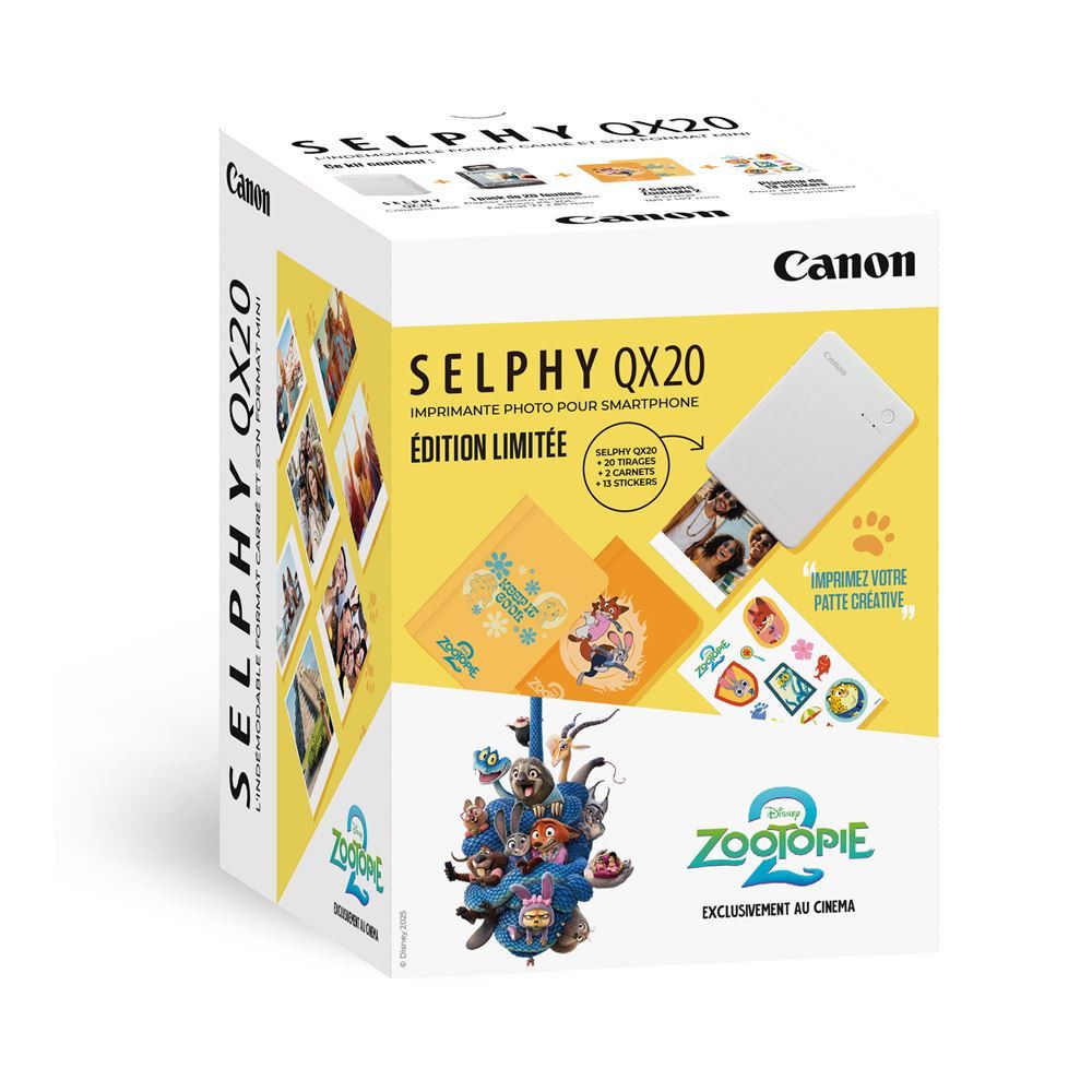 Canon Selphy QX20 Zootopie Edition Photo Printer + Paper XS 20 Sheets + 2 Notebooks + Stickers (White Sable)