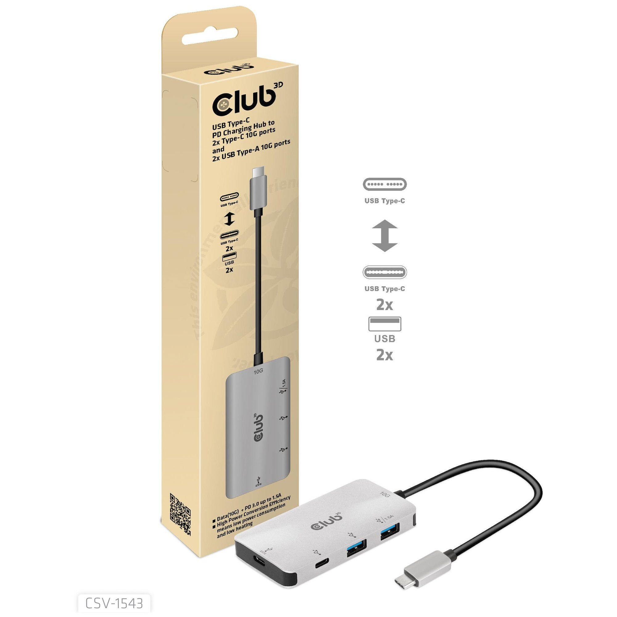 Club 3D CSV-1543, Hub y adaptador USB 3.2 Gen 2 (3.1 Gen 2) Tipo C