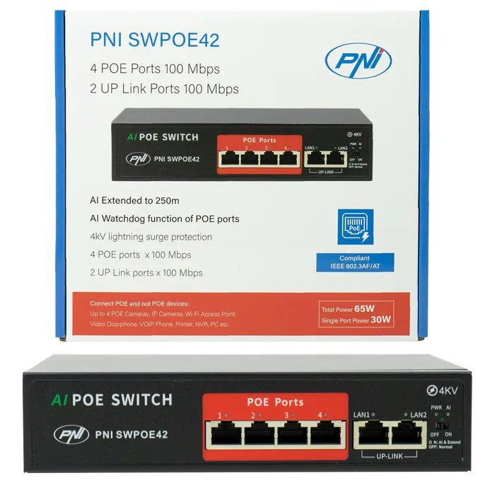 PNI SWPOE42 - 4-Port PoE Switch with 100 Mbps and 2x 100 Mbps LAN Ports, 4 kV Lightning Protection