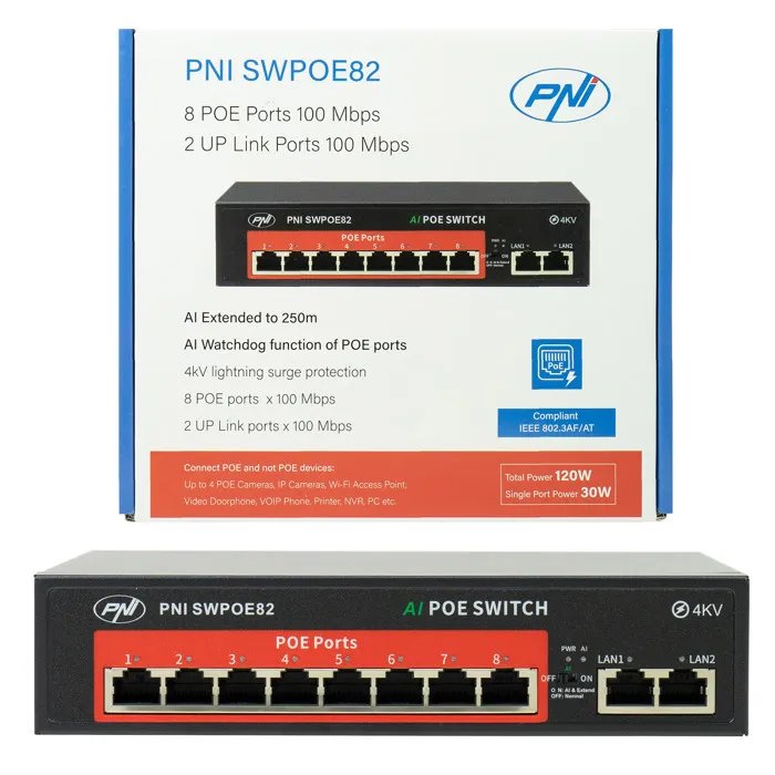 PNI SWPOE82 - 8-Port PoE Switch, 100 Mbps