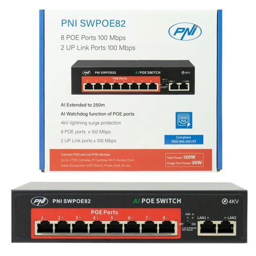 Commutateur PNI SWPOE82 - 8 ports PoE, 100 Mbps