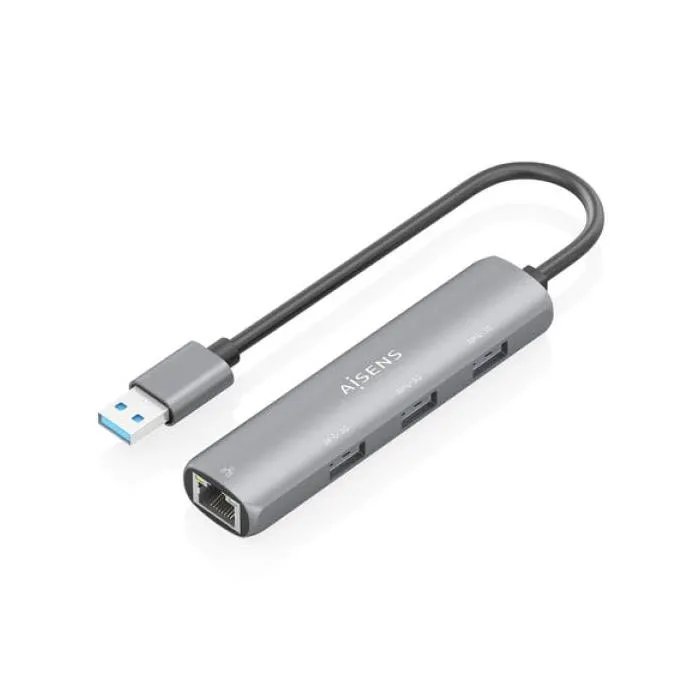 AISENS 4-in-1 USB Hub - Gray - 3x USB-A - Ethernet Gigabit - USB 3.0 - 15 cm