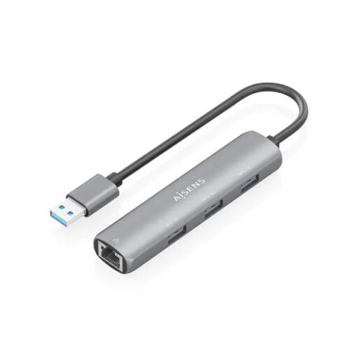 Hub USB AISENS 4 en 1 - Gris - 3 ports USB-A - Gigabit Ethernet - USB 3.0 - 15 cm