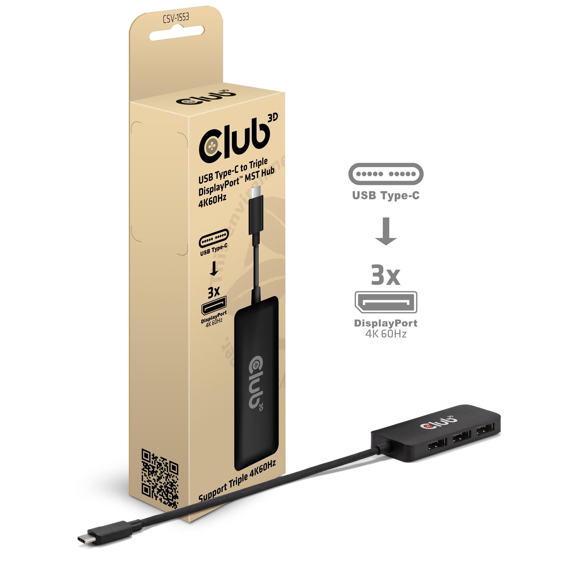 Hub Club 3D USB-C a Triple DisplayPort MST (4K60Hz)