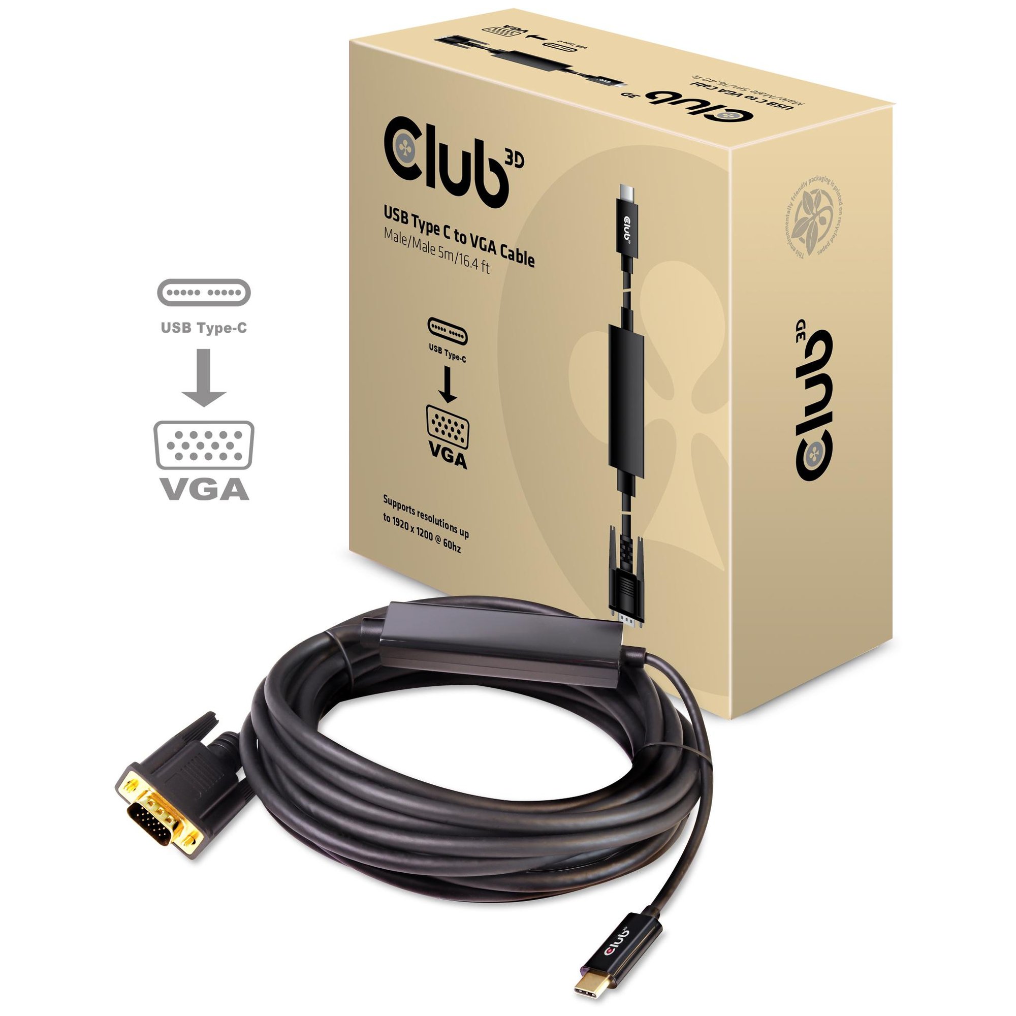 Club 3D USB Type-C to VGA Cable - 5m, Black