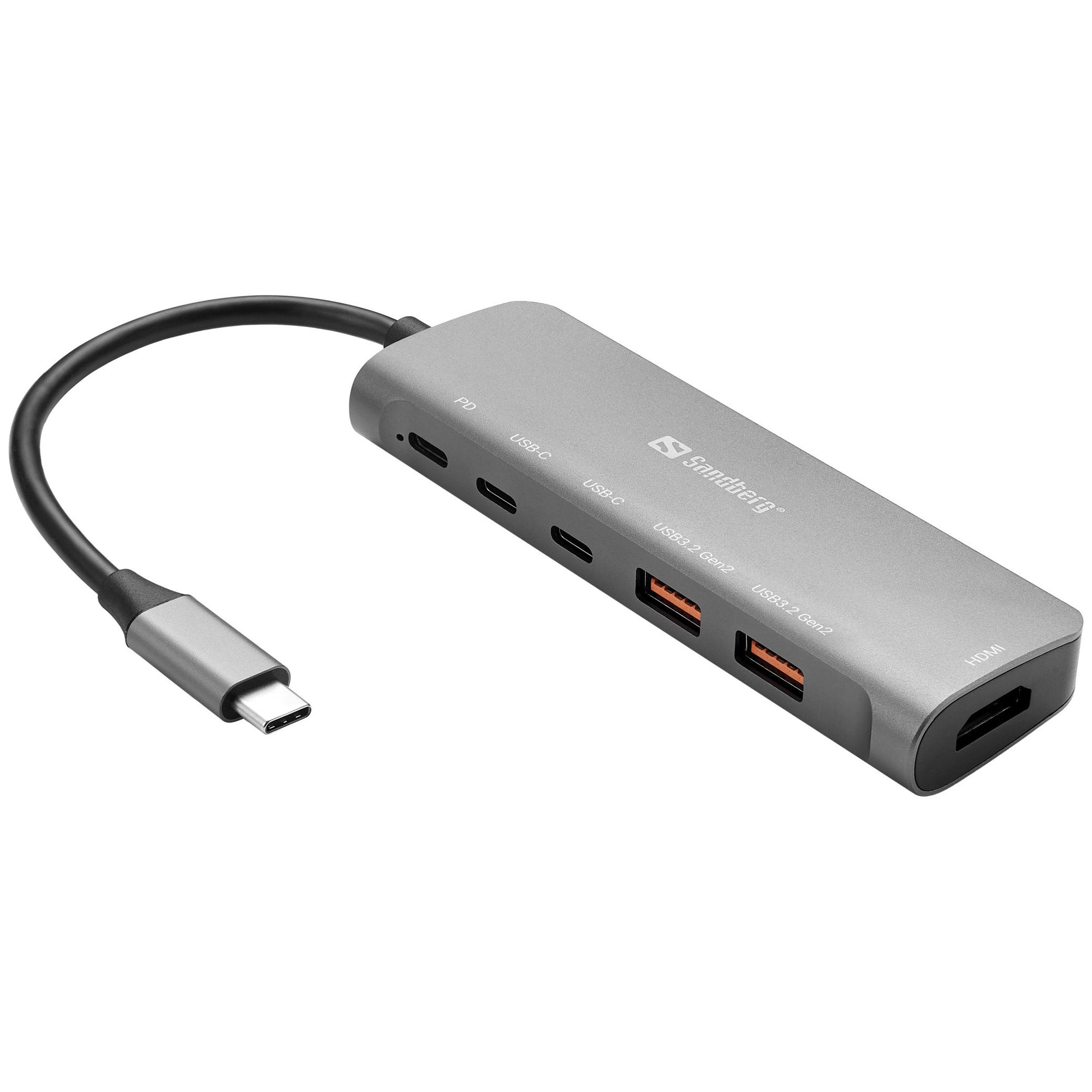 Dock de Sandberg USB-C: HDMI, 2xUSB-A, 2xUSB-C, PD100W, USB 3.2 Gen 1 Tipo C, Aluminio