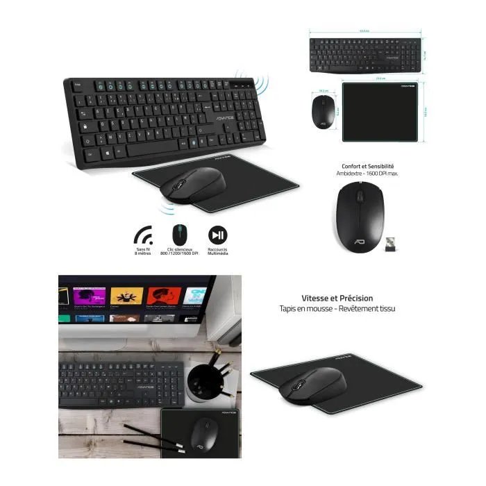 Kit Advance 3 en 1 - Teclado multimedia + Ratón inalámbrico - Negro - USB - Receptor nano