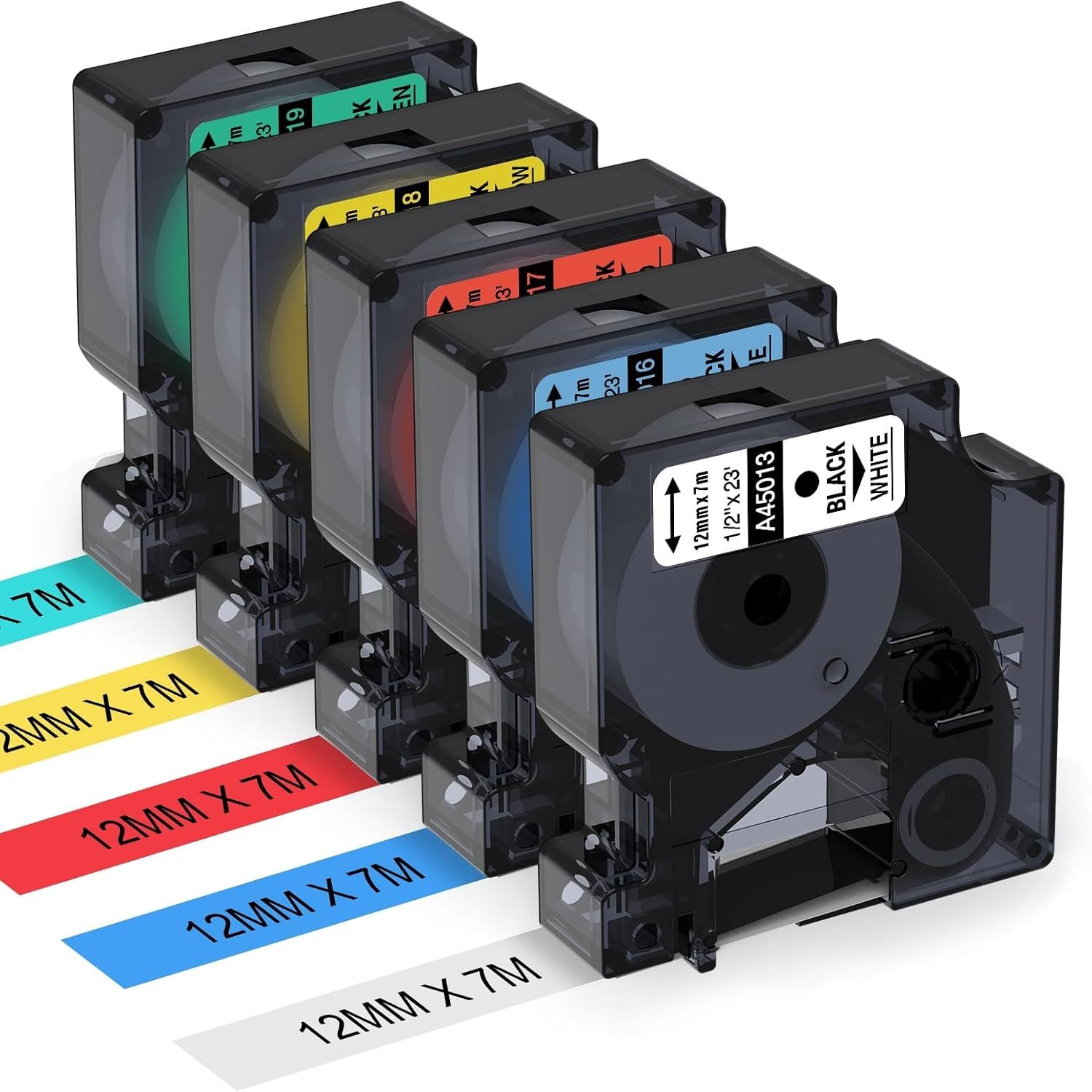 Aken Compatible Dymo D1 Labels, 12mm x 7m, Black on White/Yellow/Blue/Red/Green (45013-45019)