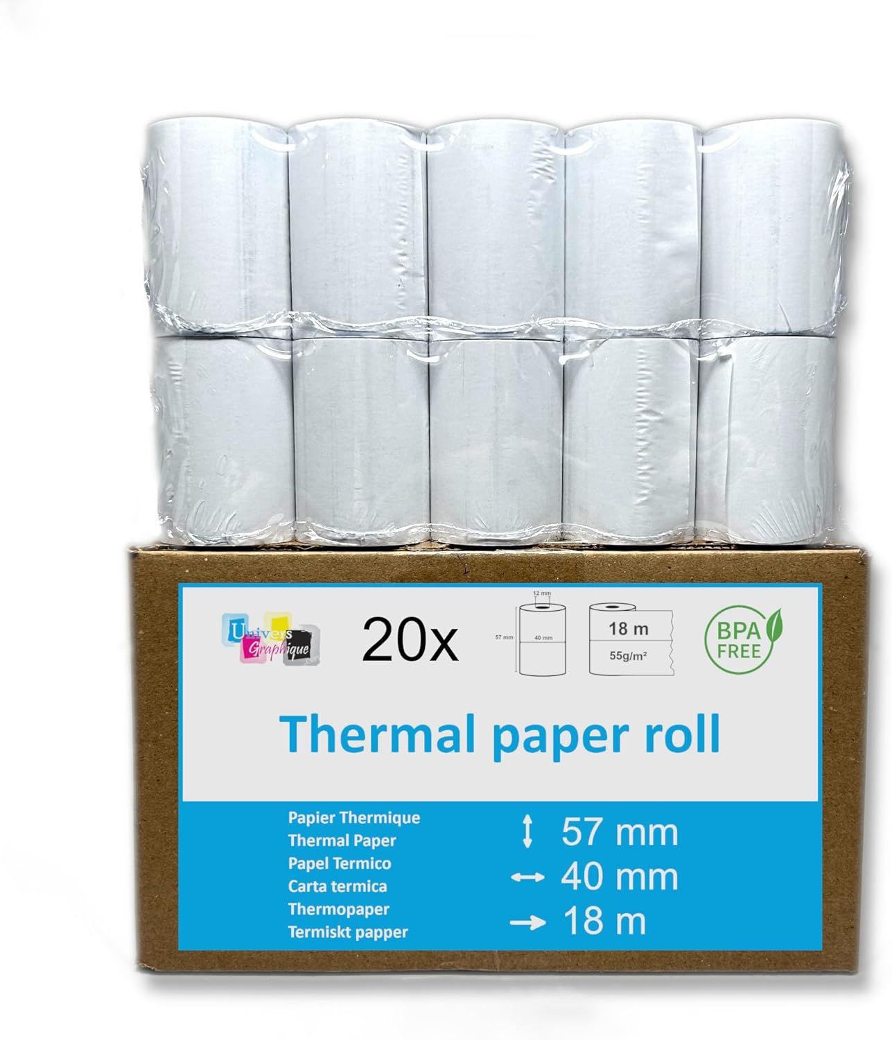 Universal Graphic - Set of 20 Thermal Card Roll 57 x 40 x 12 mm (1.27 x 1.57 x 0.47 in) - Thermal Paper for CB - TPE Machine Rolls