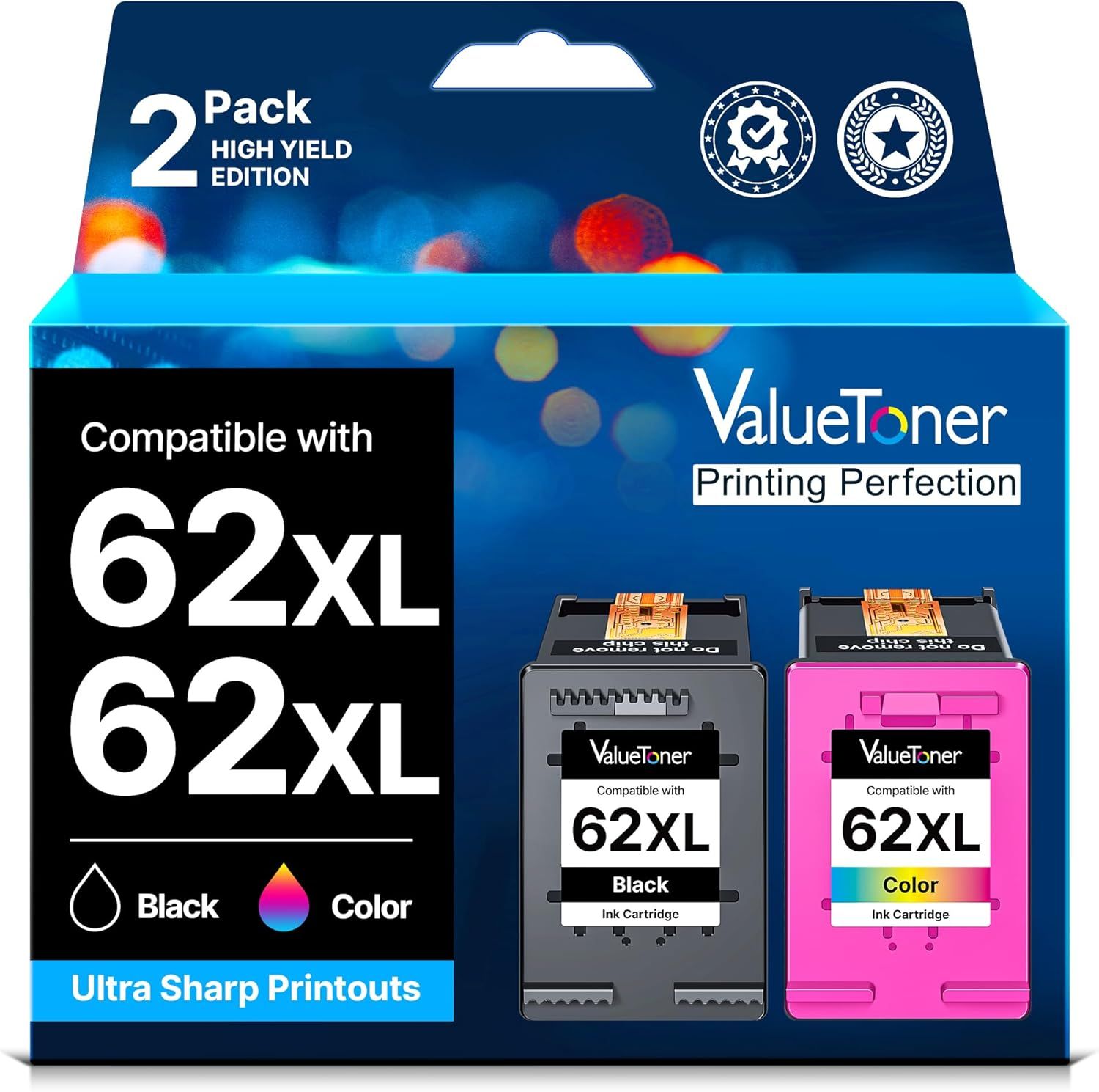 Valuetoner 62XL Ink Cartridges Replacement for HP 62 for HP Envy 5540/5640/7640 Series (Black & Color, 2-Pack)