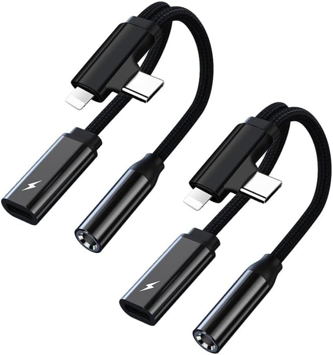 LORANKA USB C to Lightning & 3.5mm Jack Adapter with Quick Charge PD, 2-in-1 Type C/Lightning to AUX for Headphones, Compatible with iPhone 16 Pro Max, Ultra/S24/S24 (2 Piece/Black)
