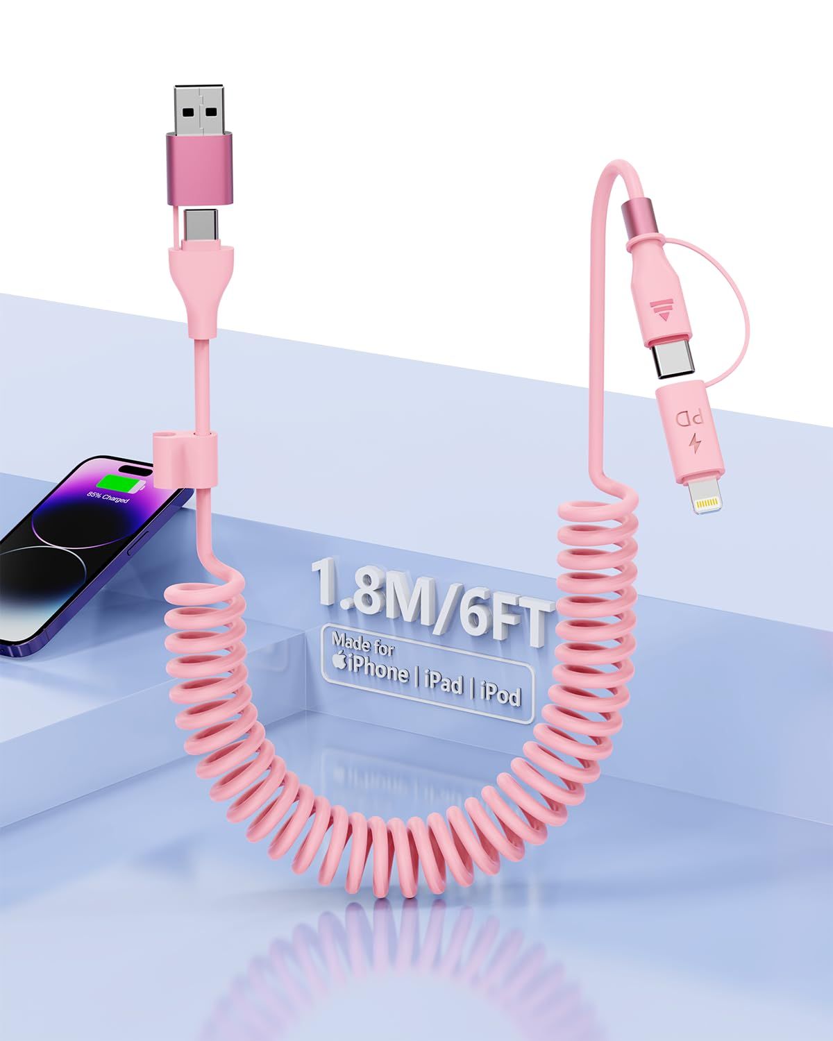 LORANKA 4-in-1 Spiral Charging Cable, MFi Certified USB/USB-C/Lightning Fast Charger for iPhone, iPad & Android