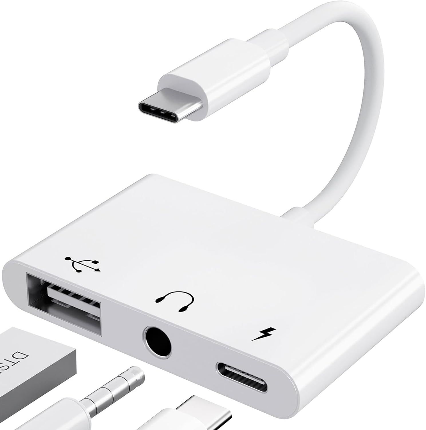 LORANKA 3-in-1 USB C to 3.5mm Adapter with 60W Fast Charging OTG Audio Splitter for iPhone 15/16, Samsung Galaxy S24/S23/S22, iPad Pro Air etc.