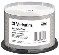 Verbatim DataLifePlus Profesional 50x DVD-R - 4,7 GB, 16x Velocidad, Blanco, Imprimible con Tinta, Área de Impresión Amplia - Espina