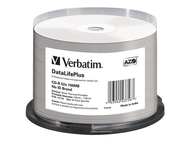 Verbatim 50x CD-R DataLifePlus Professional - 700MB, 52x Speed, Thermal Printable Surface, Spindle