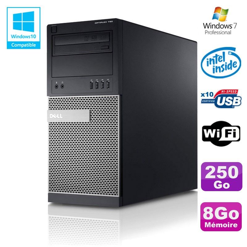 Ordinateur de bureau Dell Optiplex 790 - Processeur Intel G630, 2,7 GHz, 8 Go de RAM, 250 Go SSD, DVD, Wi-Fi, Windows 7