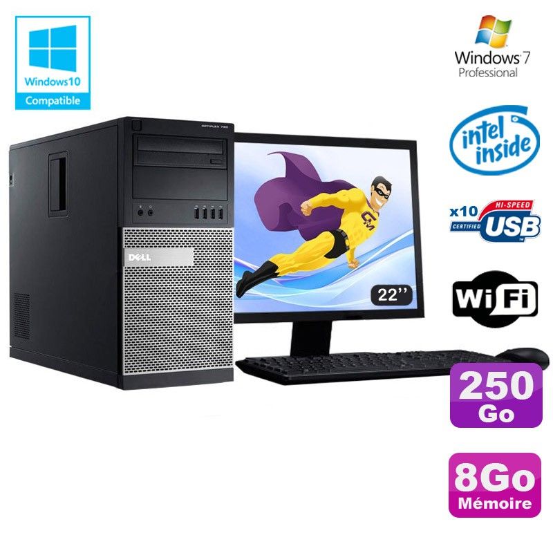 Dell Optiplex 790 Desktop PC - Intel Pentium G630, 8GB RAM, 250GB HDD, DVD Drive, WiFi, Windows 7, 22" Screen