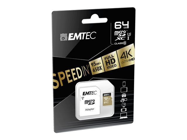 Dexxon SpeedIN' - Flash Memory Card (MicroSDXC to SD Adapter Included) - 64GB - UHS-I U3 / Class10 - 650x - microSDXC