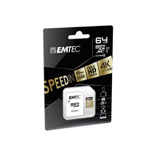 Dexxon SpeedIN' - Flash Memory Card (MicroSDXC to SD Adapter Included) - 64GB - UHS-I U3 / Class10 - 650x - microSDXC