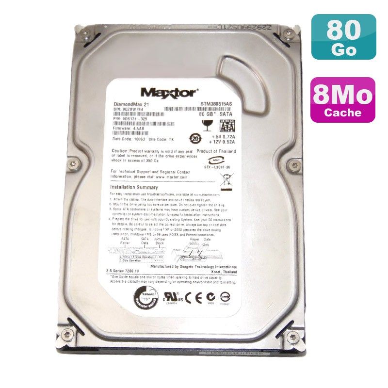Maxtor 80GB SATA 3.5" Hard Drive, DiamondMax 21 STM380815AS, 7200 RPM, 8MB Cache