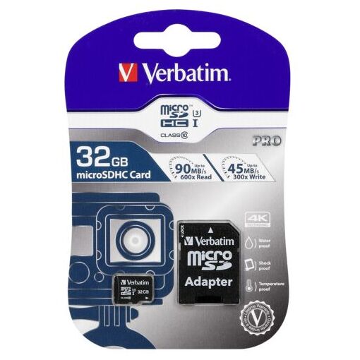 Carte mémoire Verbatim 32 Go Pro 600X microSDHC avec adaptateur, UHS-I U3 Classe 10