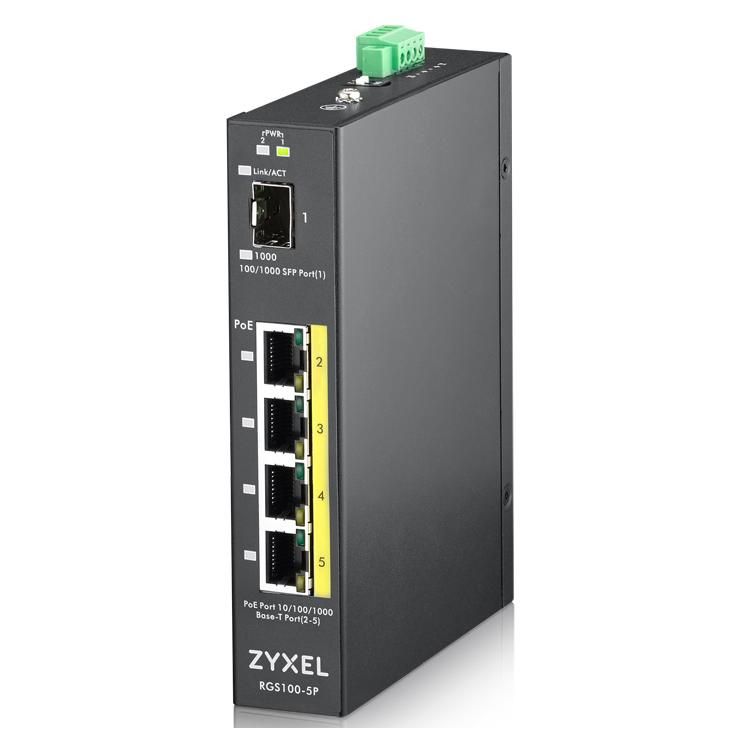 Zyxel RGS100-5P - Switch - Unmanaged - 4 x 10/100/1000 (PoE+) + 1 x Fast Ethernet/Gigabit SFP - DIN Rail Mount, Rack Mountable - PoE+ (120 W) - DC Voltage