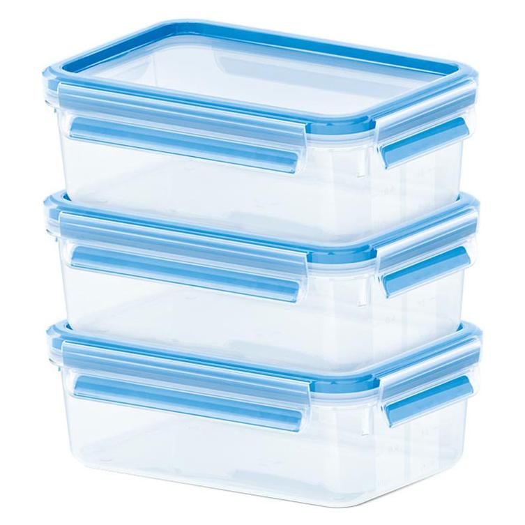 EMSA Airtight Food Storage Container - Rectangular, 0.55 L, Transparent, 3-Piece Set