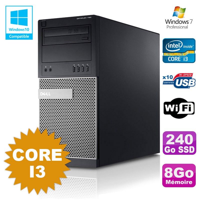 Dell Optiplex 790 Desktop PC - Intel Core i3, 8GB RAM, 240GB SSD, DVD, WiFi, Windows 7