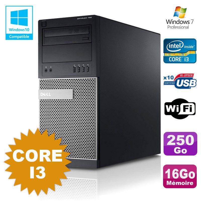 Dell Optiplex 790 Desktop PC - Intel Core i3, 16GB RAM, 250GB HDD, DVD Drive, WiFi, Windows 7